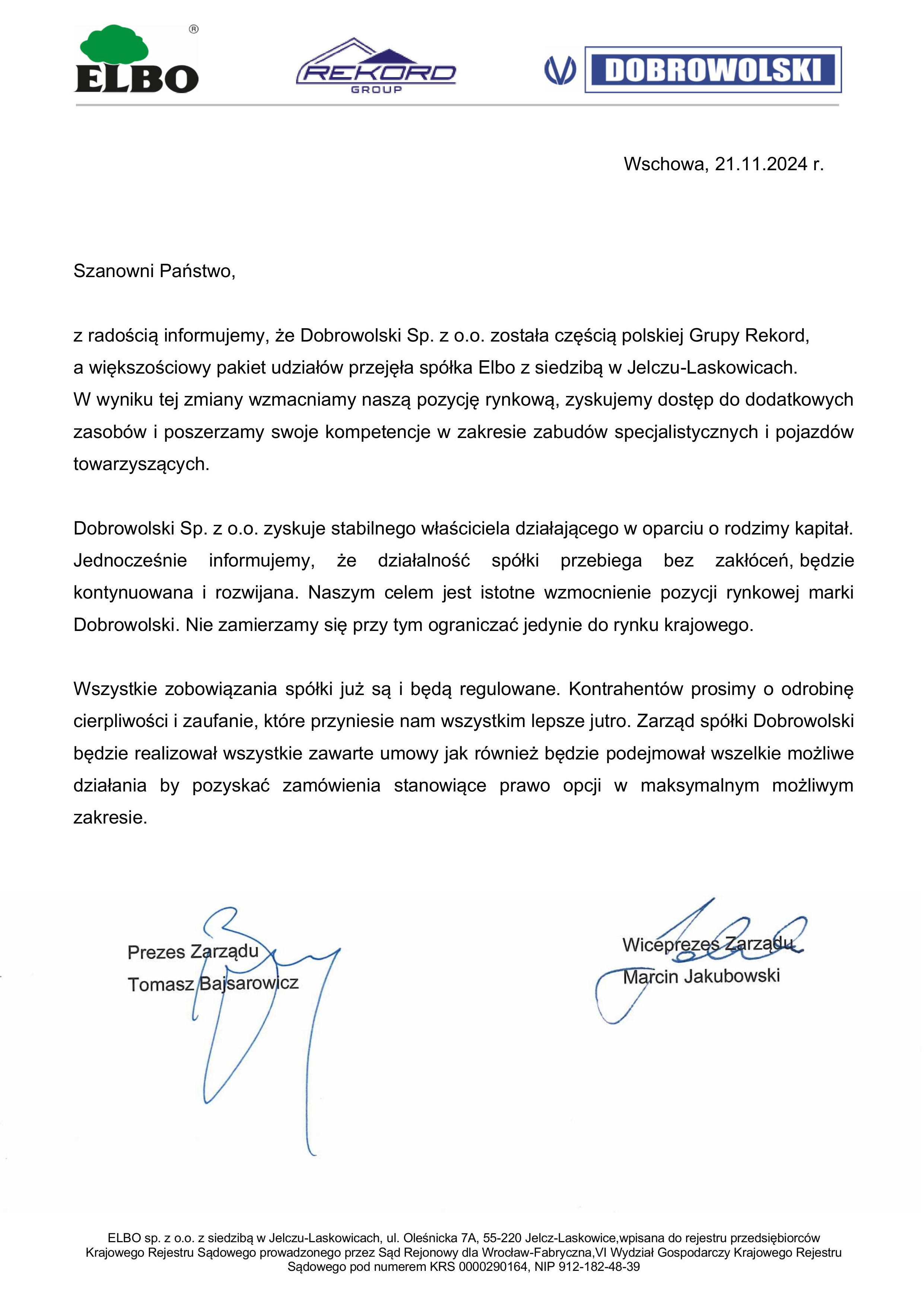 Oficjalna informacja o zmianach 